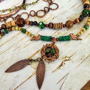 Green and Brown Nature-Inspired Necklace with Leaf Charms